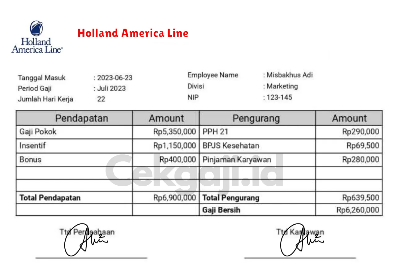 Slip Gaji Holland America Line