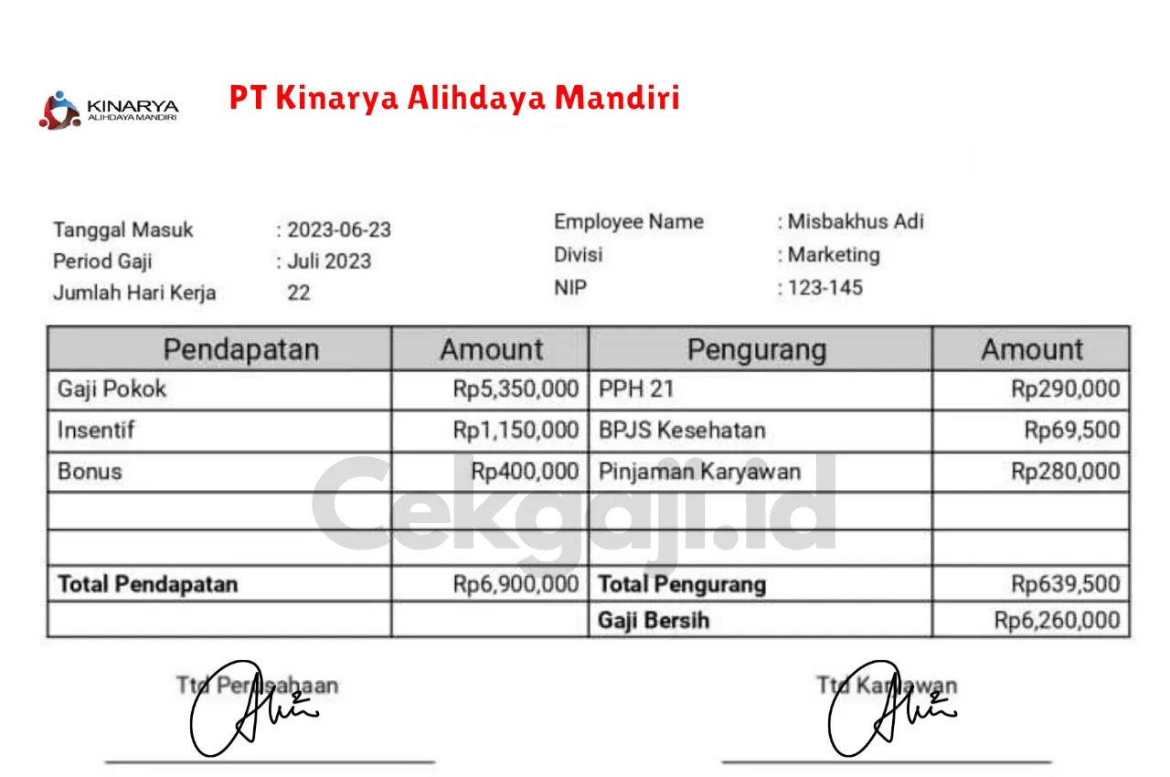 Slip Gaji PT Kinarya Alihdaya Mandiri